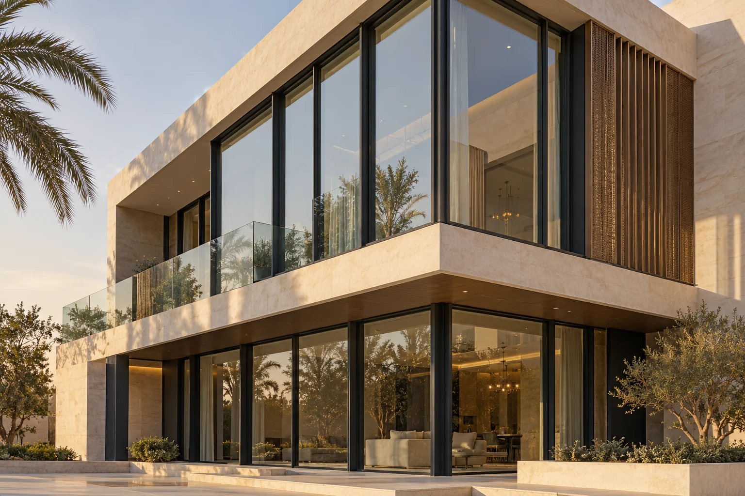 تصور معماري توضيحي لواجهة معاصرة تجمع الألمنيوم والزجاج والحجر